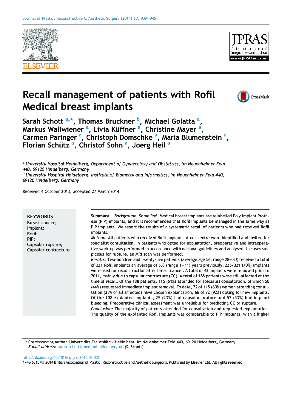 Recall management of patients with Rofil Medical breast implants