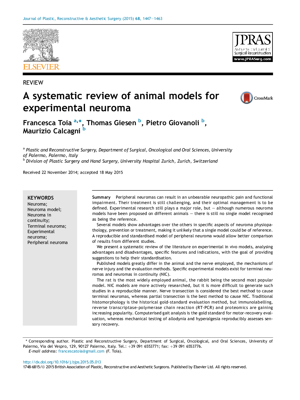 A systematic review of animal models for experimental neuroma