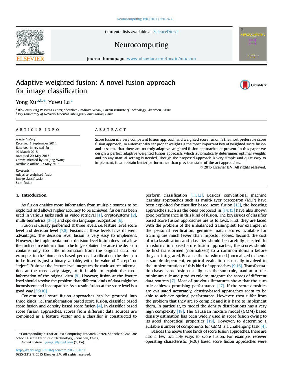 Adaptive weighted fusion: A novel fusion approach for image classification