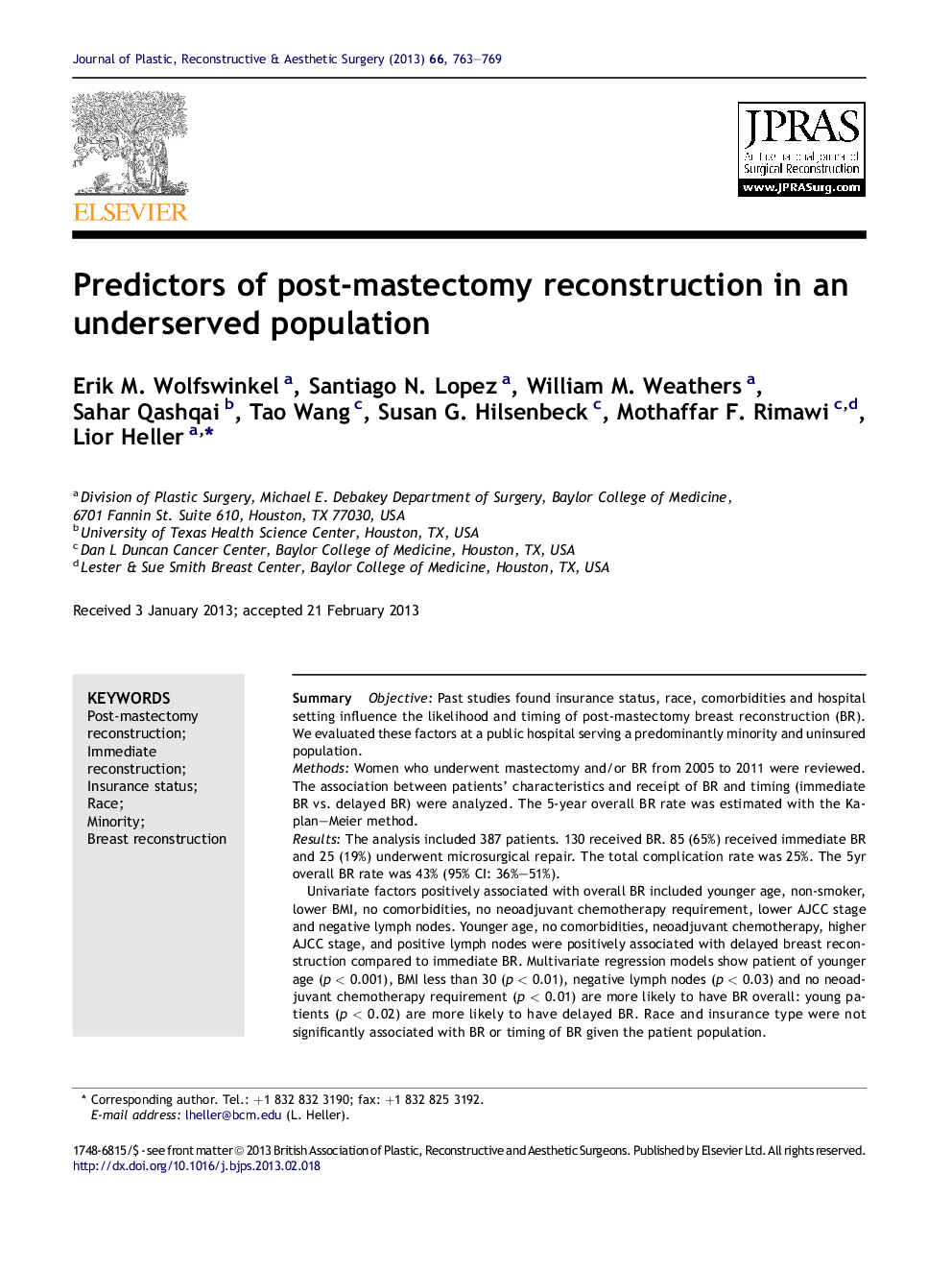 Predictors of post-mastectomy reconstruction in an underserved population