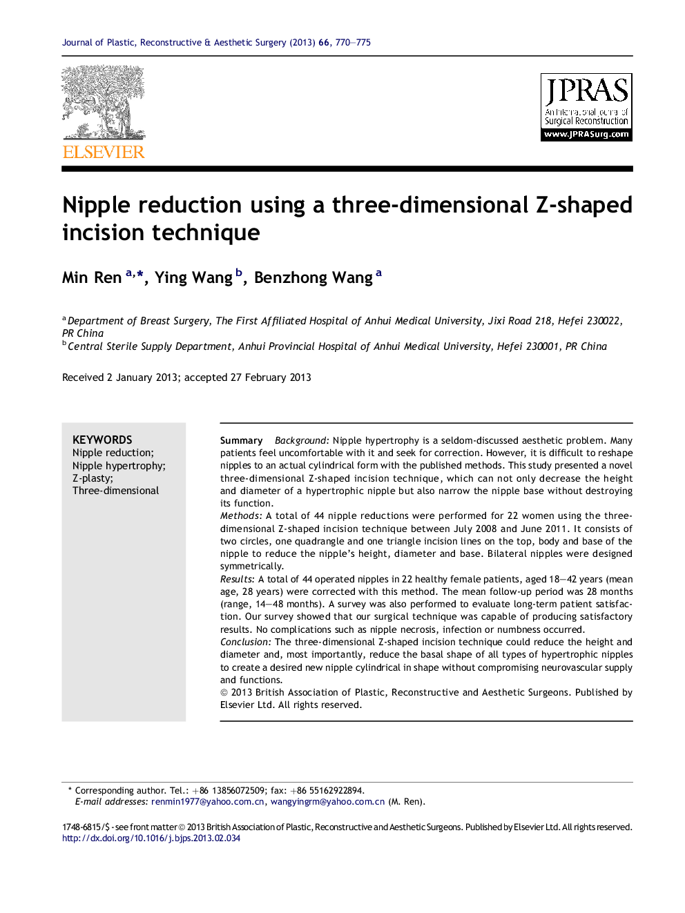 Nipple reduction using a three-dimensional Z-shaped incision technique