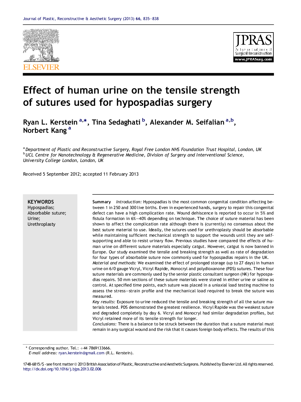 Effect of human urine on the tensile strength of sutures used for hypospadias surgery