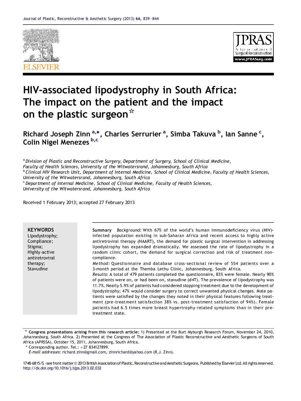 HIV-associated lipodystrophy in South Africa: The impact on the patient and the impact on the plastic surgeon 