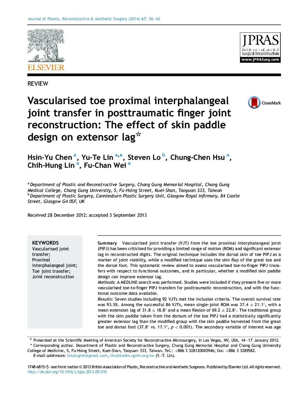 Vascularised toe proximal interphalangeal joint transfer in posttraumatic finger joint reconstruction: The effect of skin paddle design on extensor lag 