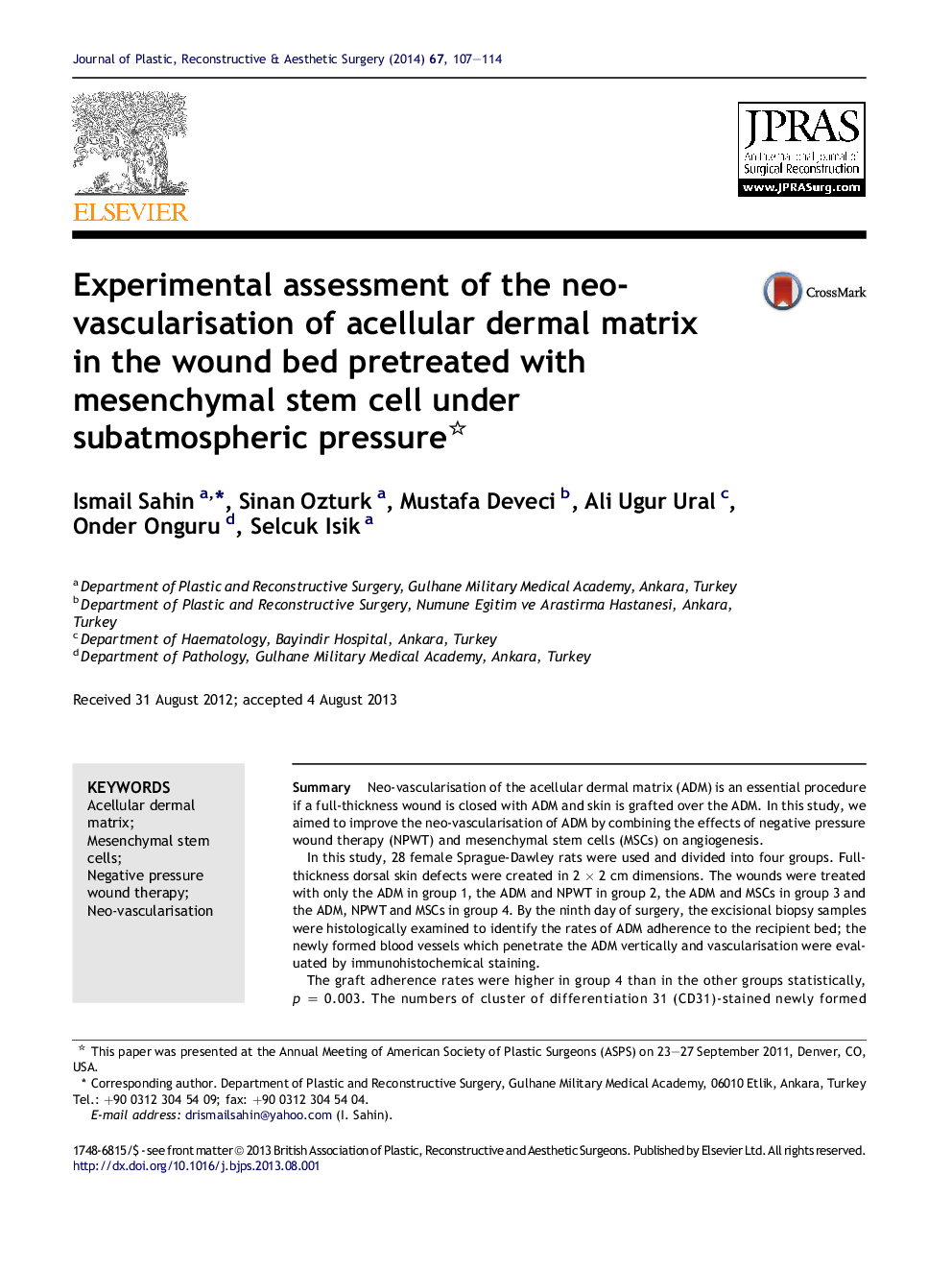 Experimental assessment of the neo-vascularisation of acellular dermal matrix in the wound bed pretreated with mesenchymal stem cell under subatmospheric pressure 