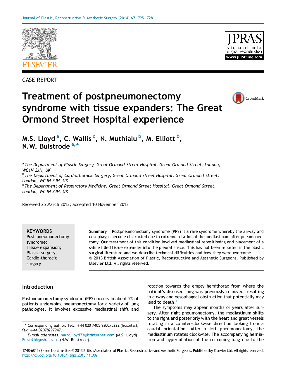 Treatment of postpneumonectomy syndrome with tissue expanders: The Great Ormond Street Hospital experience