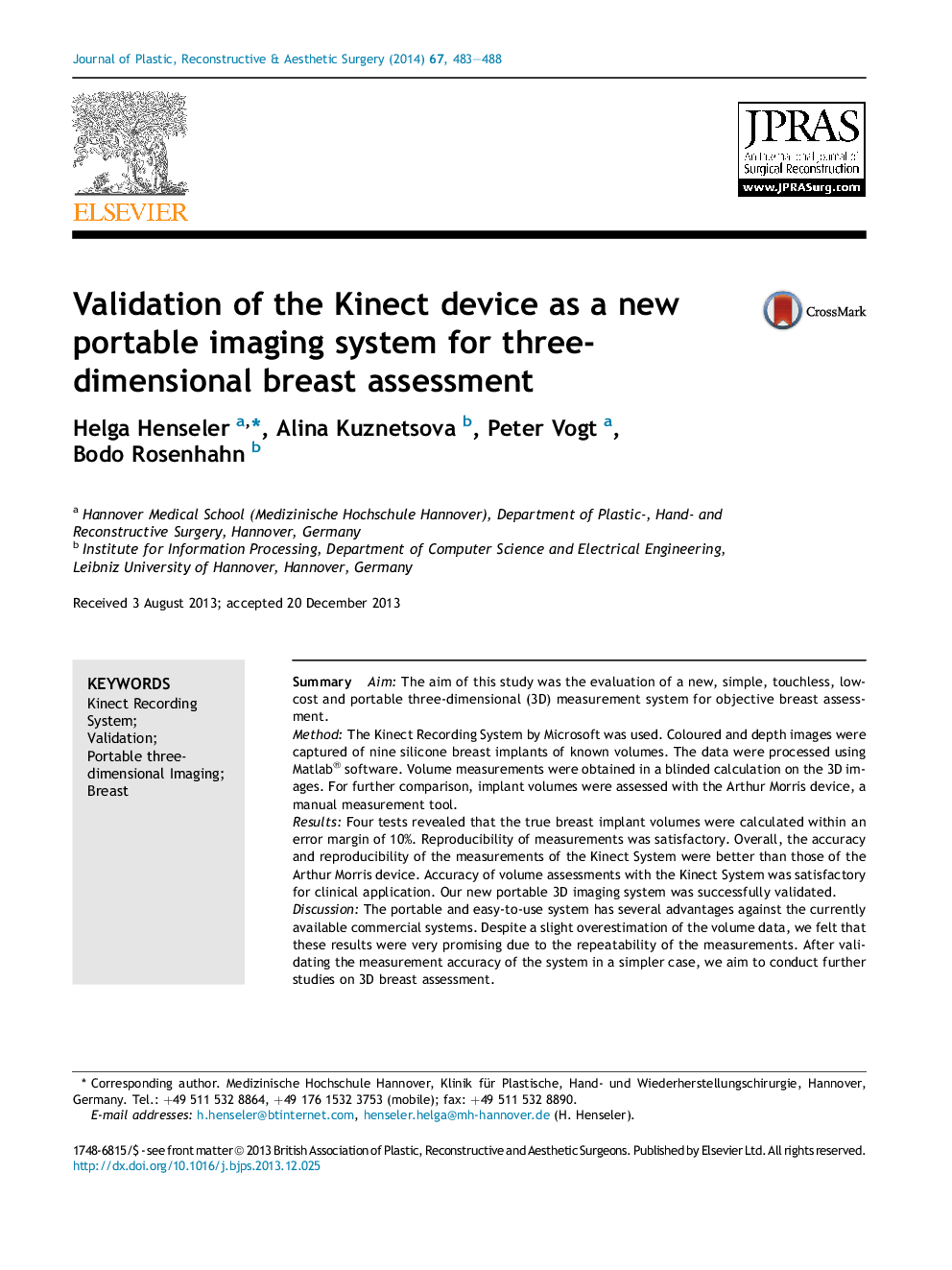 Validation of the Kinect device as a new portable imaging system for three-dimensional breast assessment