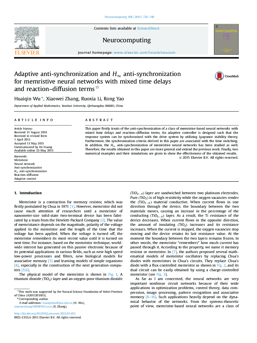 Adaptive anti-synchronization and H∞H∞ anti-synchronization for memristive neural networks with mixed time delays and reaction–diffusion terms 