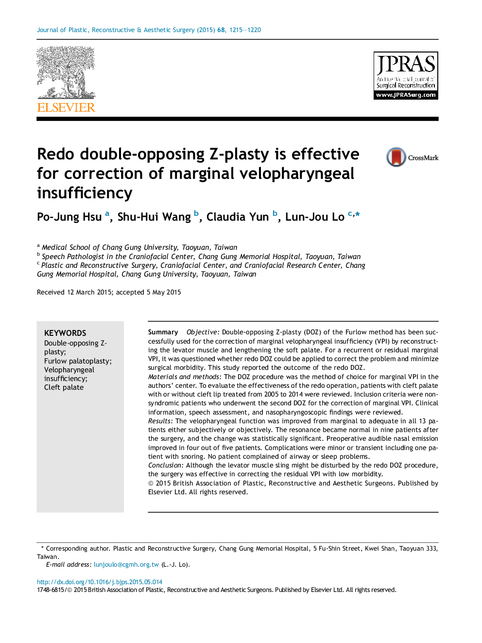 Redo double-opposing Z-plasty is effective for correction of marginal velopharyngeal insufficiency