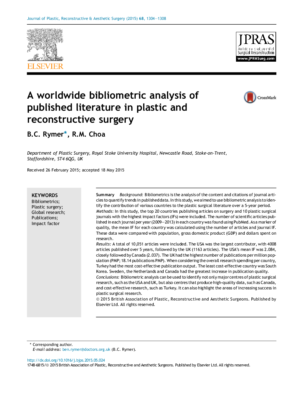 A worldwide bibliometric analysis of published literature in plastic and reconstructive surgery