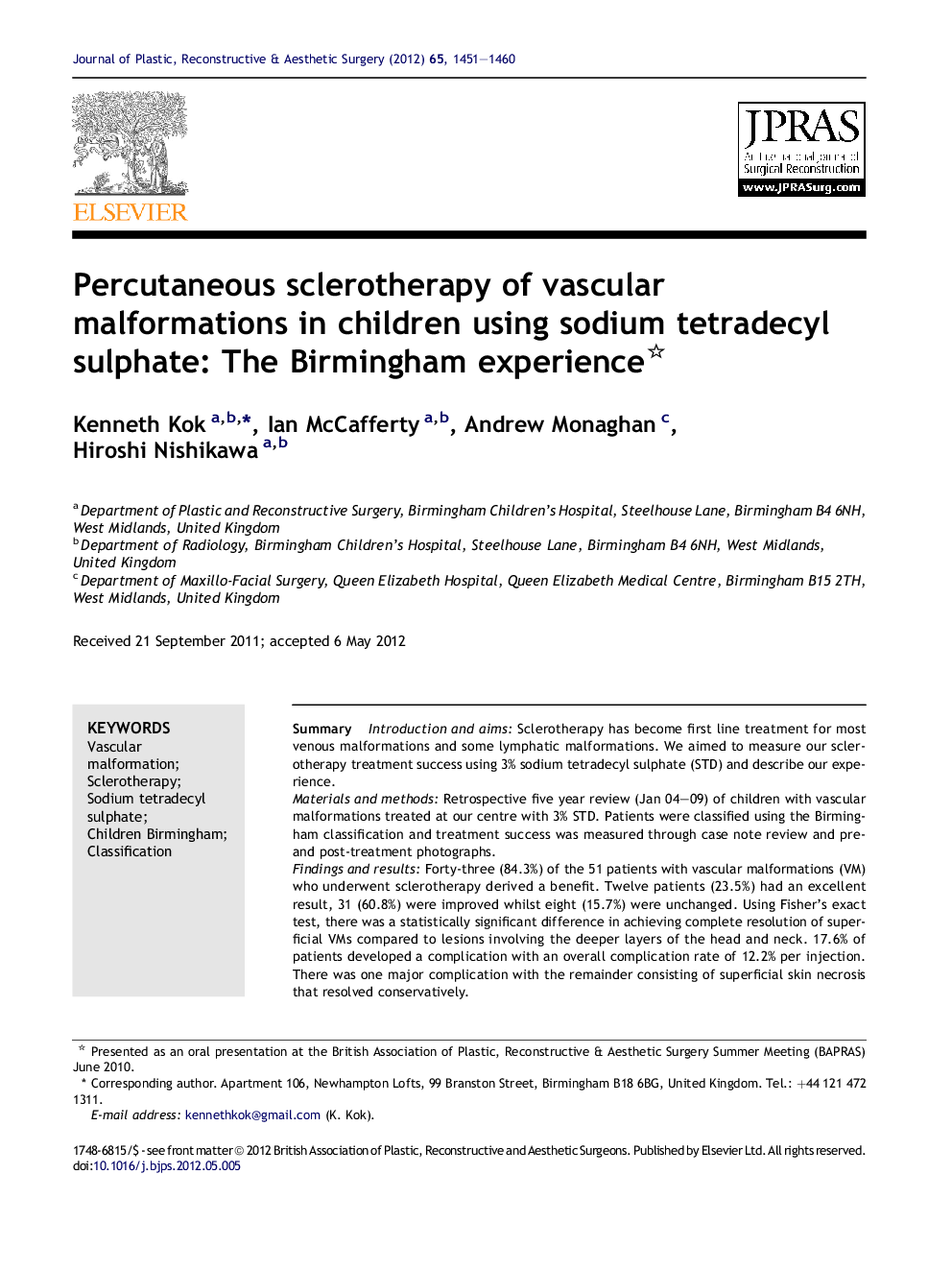 Percutaneous sclerotherapy of vascular malformations in children using sodium tetradecyl sulphate: The Birmingham experience 