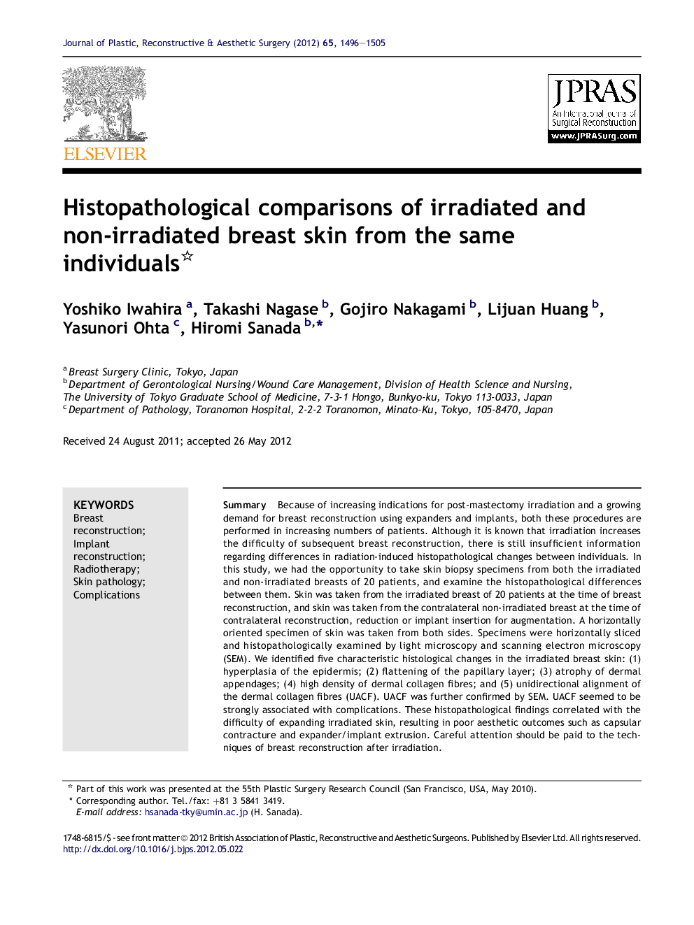 Histopathological comparisons of irradiated and non-irradiated breast skin from the same individuals 