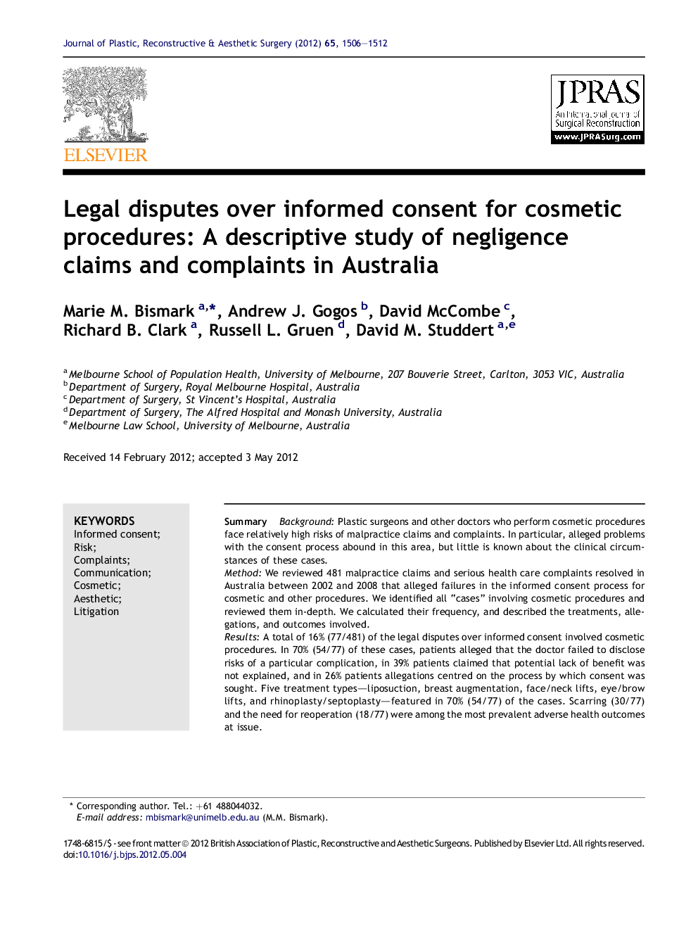 Legal disputes over informed consent for cosmetic procedures: A descriptive study of negligence claims and complaints in Australia