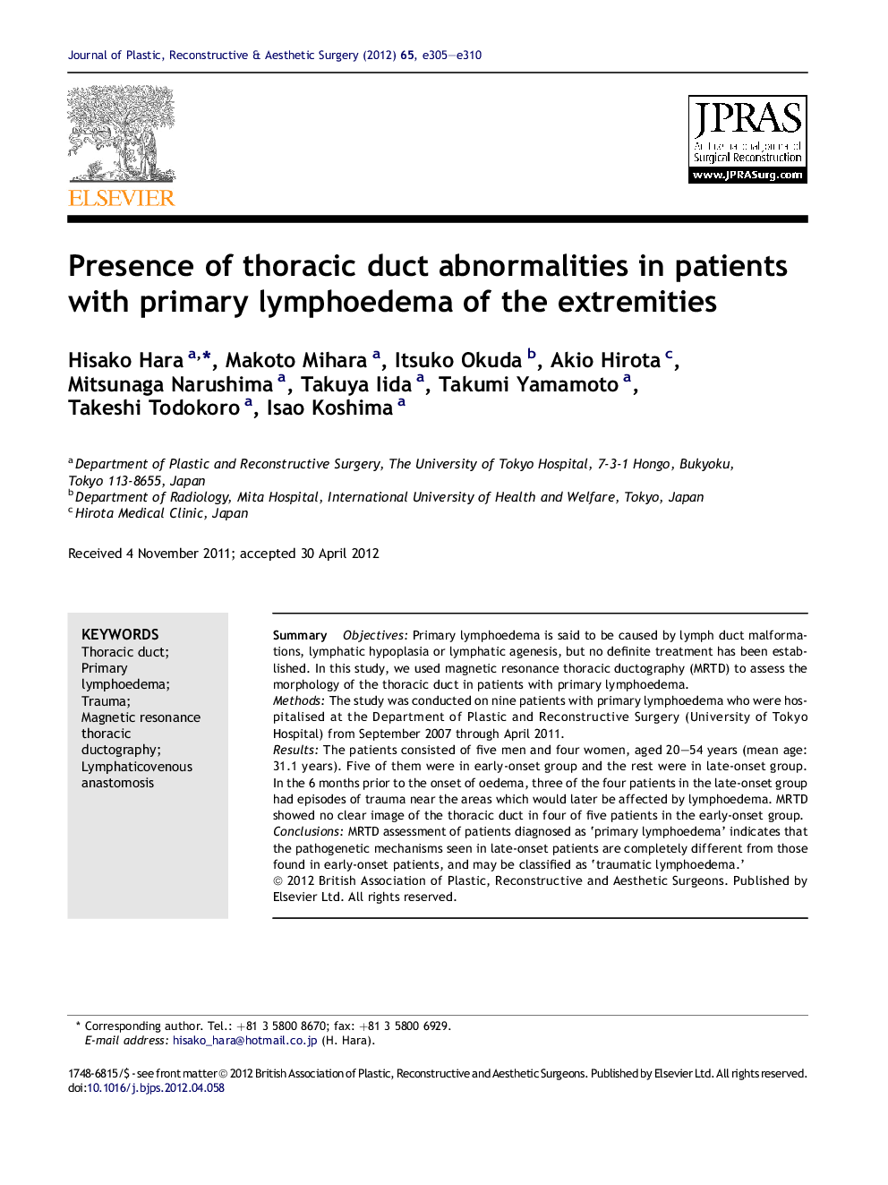 Presence of thoracic duct abnormalities in patients with primary lymphoedema of the extremities