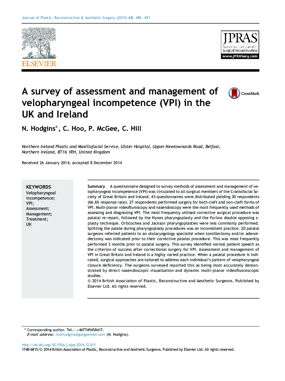 A survey of assessment and management of velopharyngeal incompetence (VPI) in the UK and Ireland