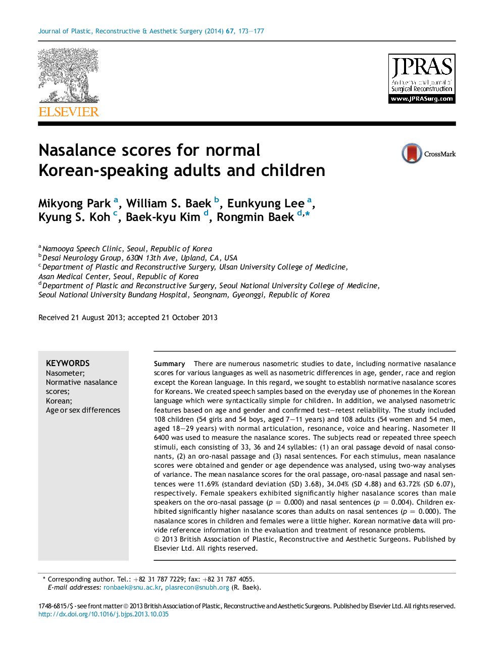 Nasalance scores for normal Korean-speaking adults and children