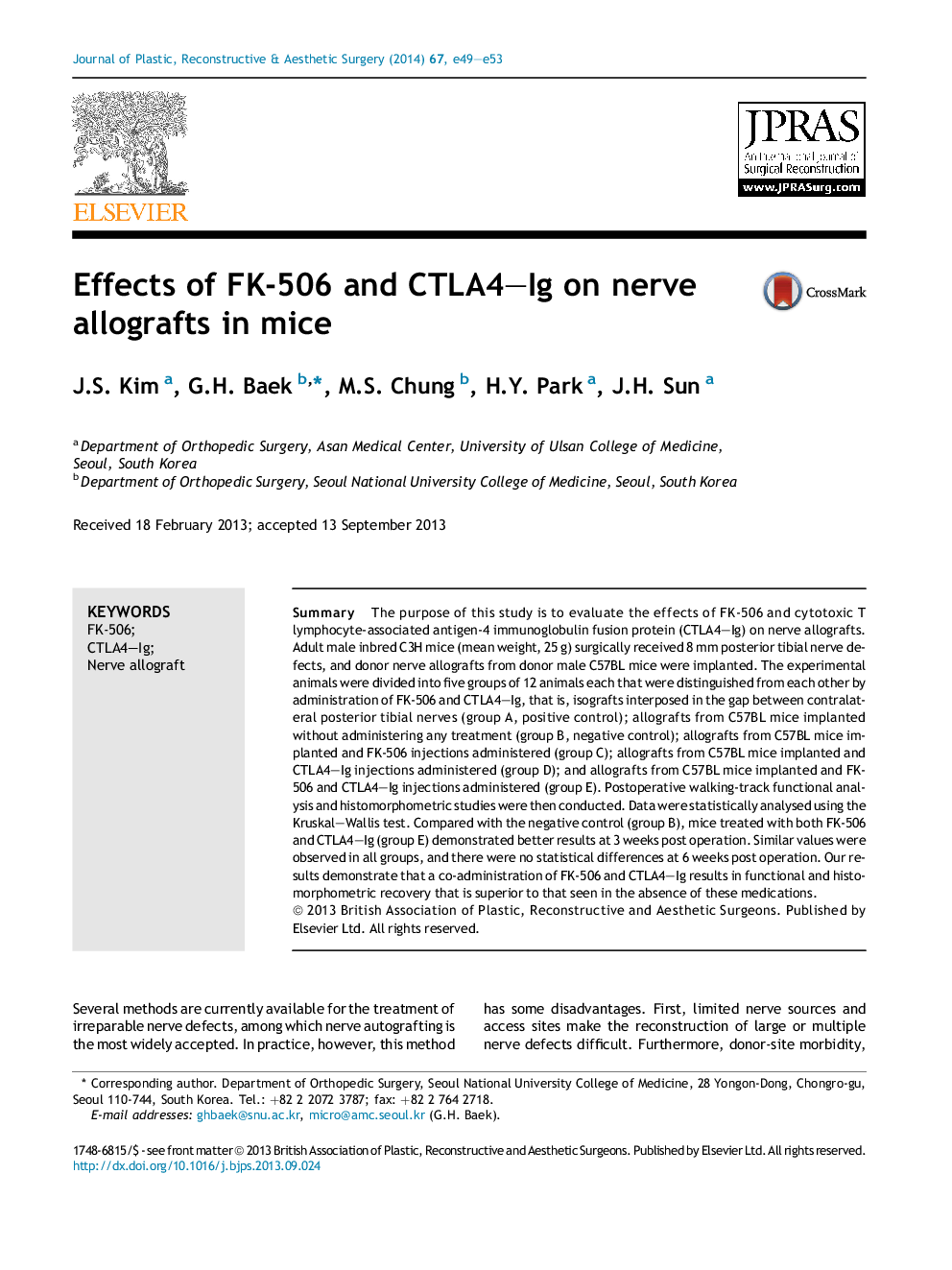 Effects of FK-506 and CTLA4–Ig on nerve allografts in mice