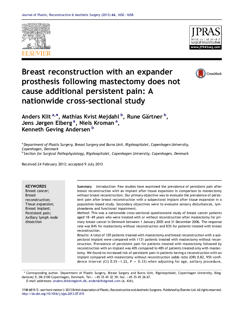 Breast reconstruction with an expander prosthesis following mastectomy does not cause additional persistent pain: A nationwide cross-sectional study