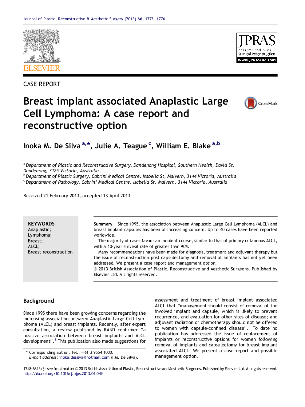 Breast implant associated Anaplastic Large Cell Lymphoma: A case report and reconstructive option