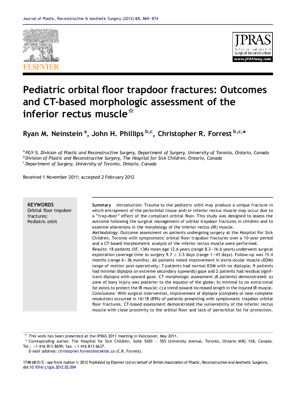 Pediatric orbital floor trapdoor fractures: Outcomes and CT-based morphologic assessment of the inferior rectus muscle 