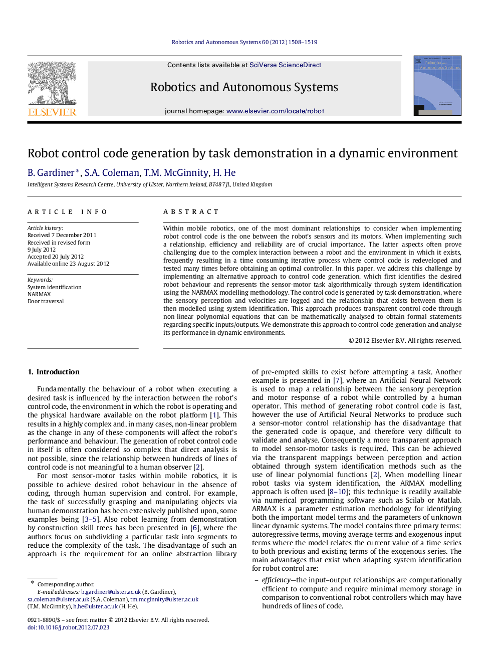 عکس صفحه اول مقاله: Robot control code generation by task demonstration in a dynamic environment Robot control code generation by task demonstration in a dynamic environment