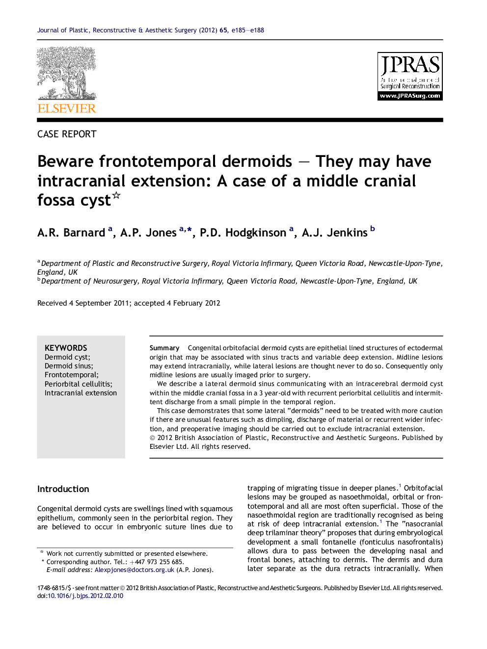 Beware frontotemporal dermoids – They may have intracranial extension: A case of a middle cranial fossa cyst 