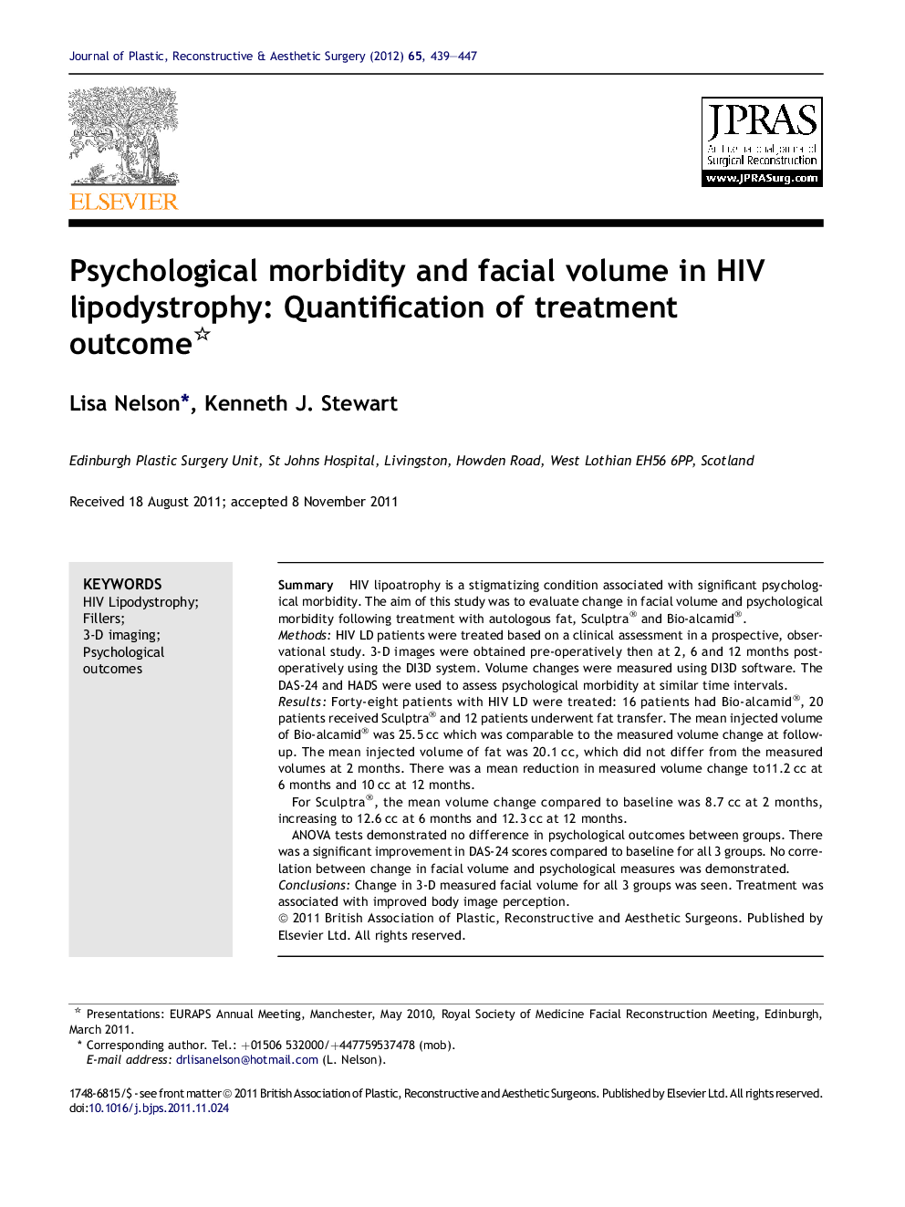 Psychological morbidity and facial volume in HIV lipodystrophy: Quantification of treatment outcome 