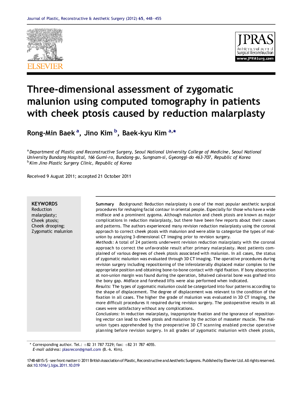 Three-dimensional assessment of zygomatic malunion using computed tomography in patients with cheek ptosis caused by reduction malarplasty