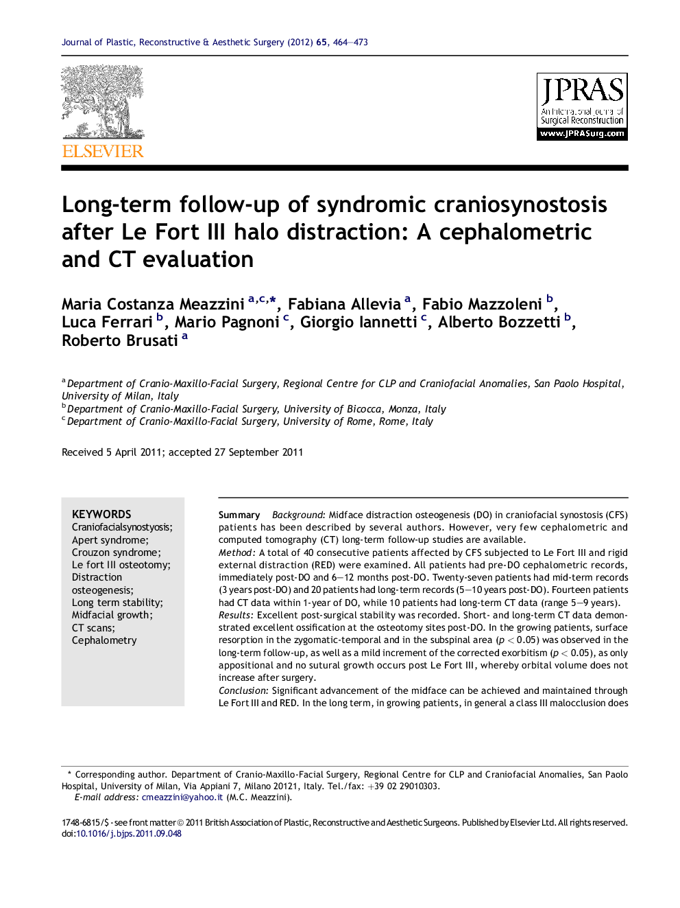 Long-term follow-up of syndromic craniosynostosis after Le Fort III halo distraction: A cephalometric and CT evaluation