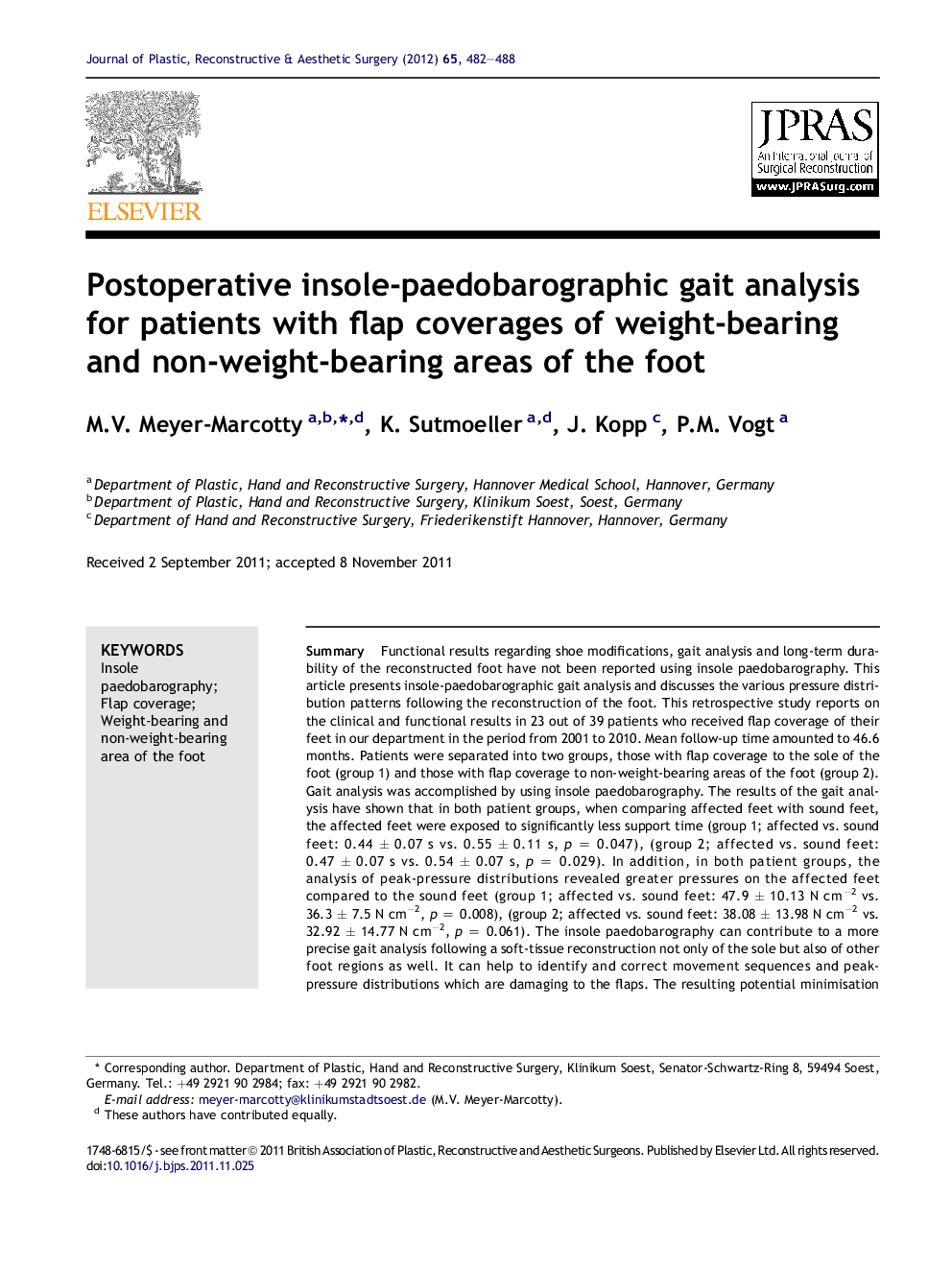 Postoperative insole-paedobarographic gait analysis for patients with flap coverages of weight-bearing and non-weight-bearing areas of the foot