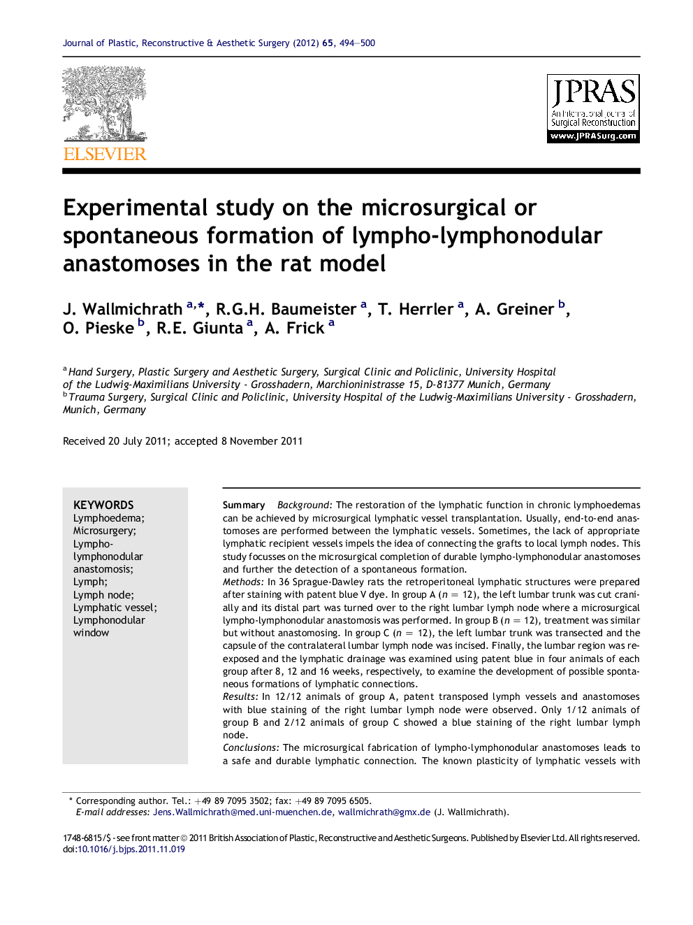 Experimental study on the microsurgical or spontaneous formation of lympho-lymphonodular anastomoses in the rat model