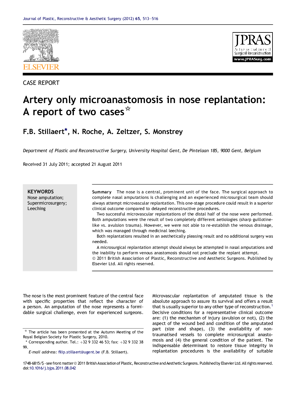 Artery only microanastomosis in nose replantation: A report of two cases 