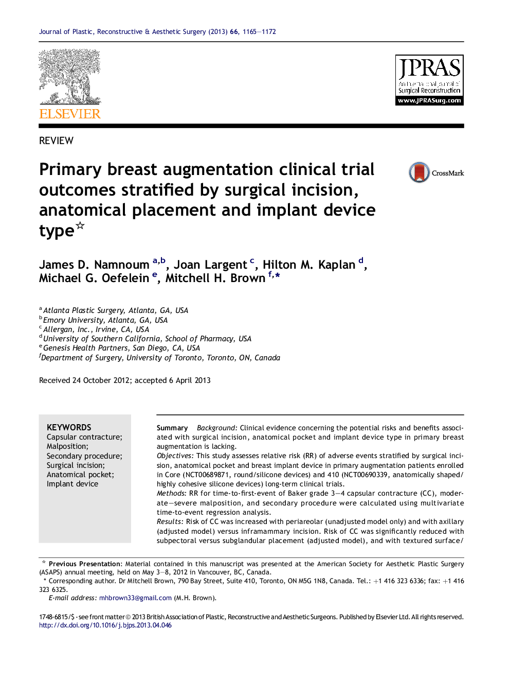 Primary breast augmentation clinical trial outcomes stratified by surgical incision, anatomical placement and implant device type 