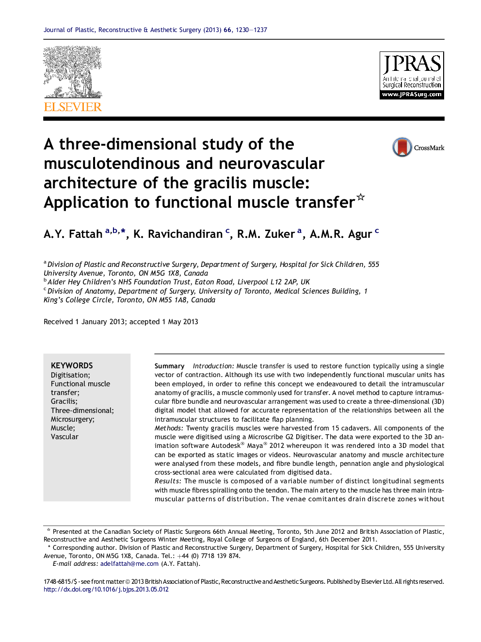 A three-dimensional study of the musculotendinous and neurovascular architecture of the gracilis muscle: Application to functional muscle transfer 