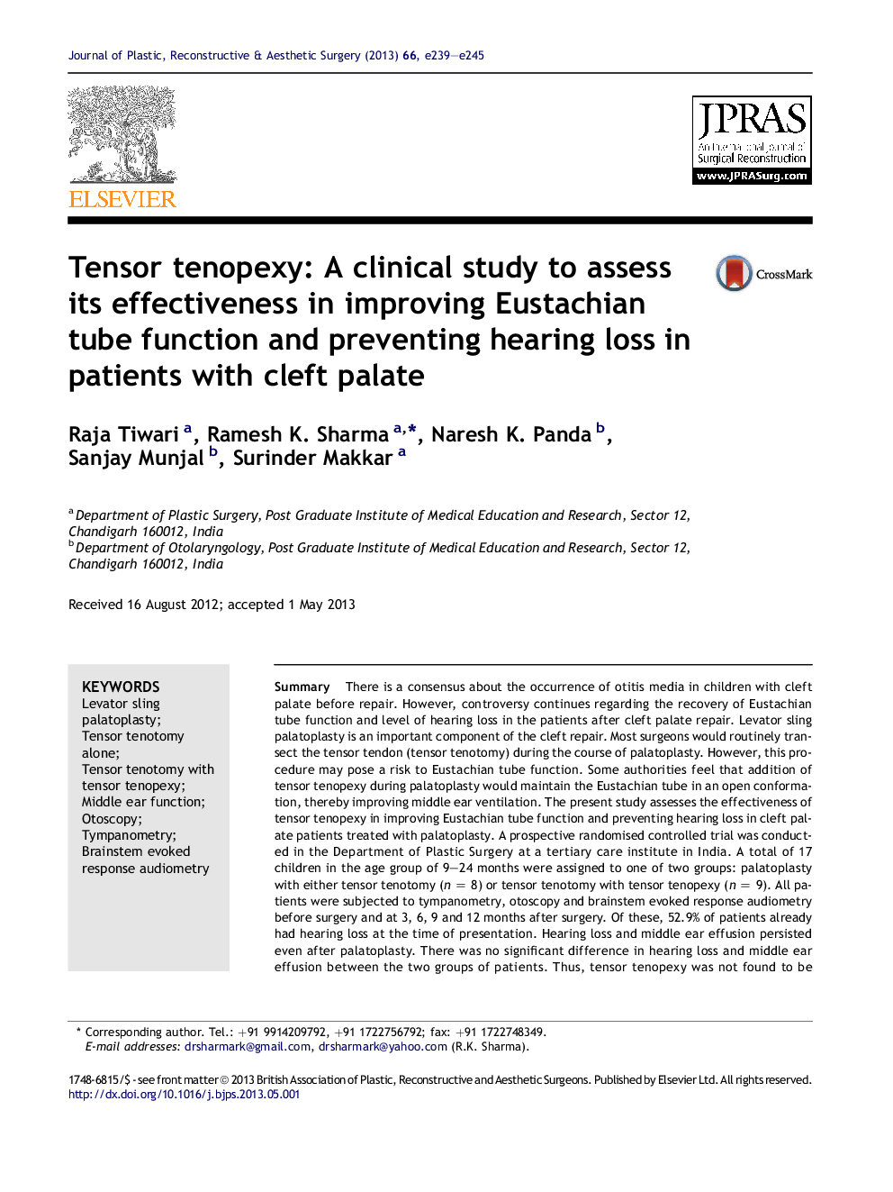 Tensor tenopexy: A clinical study to assess its effectiveness in improving Eustachian tube function and preventing hearing loss in patients with cleft palate