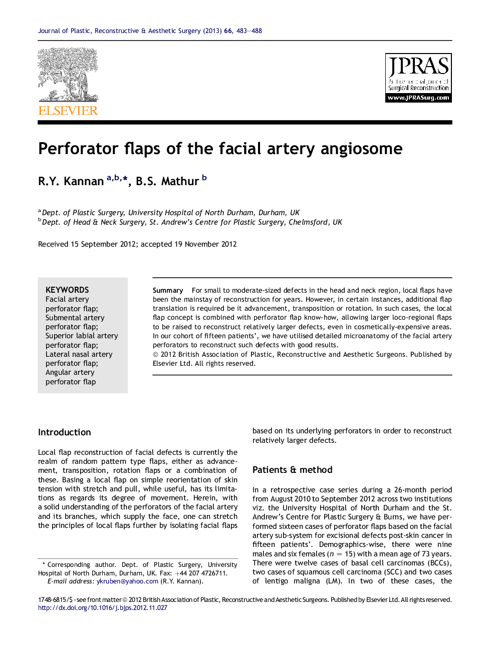 Perforator flaps of the facial artery angiosome