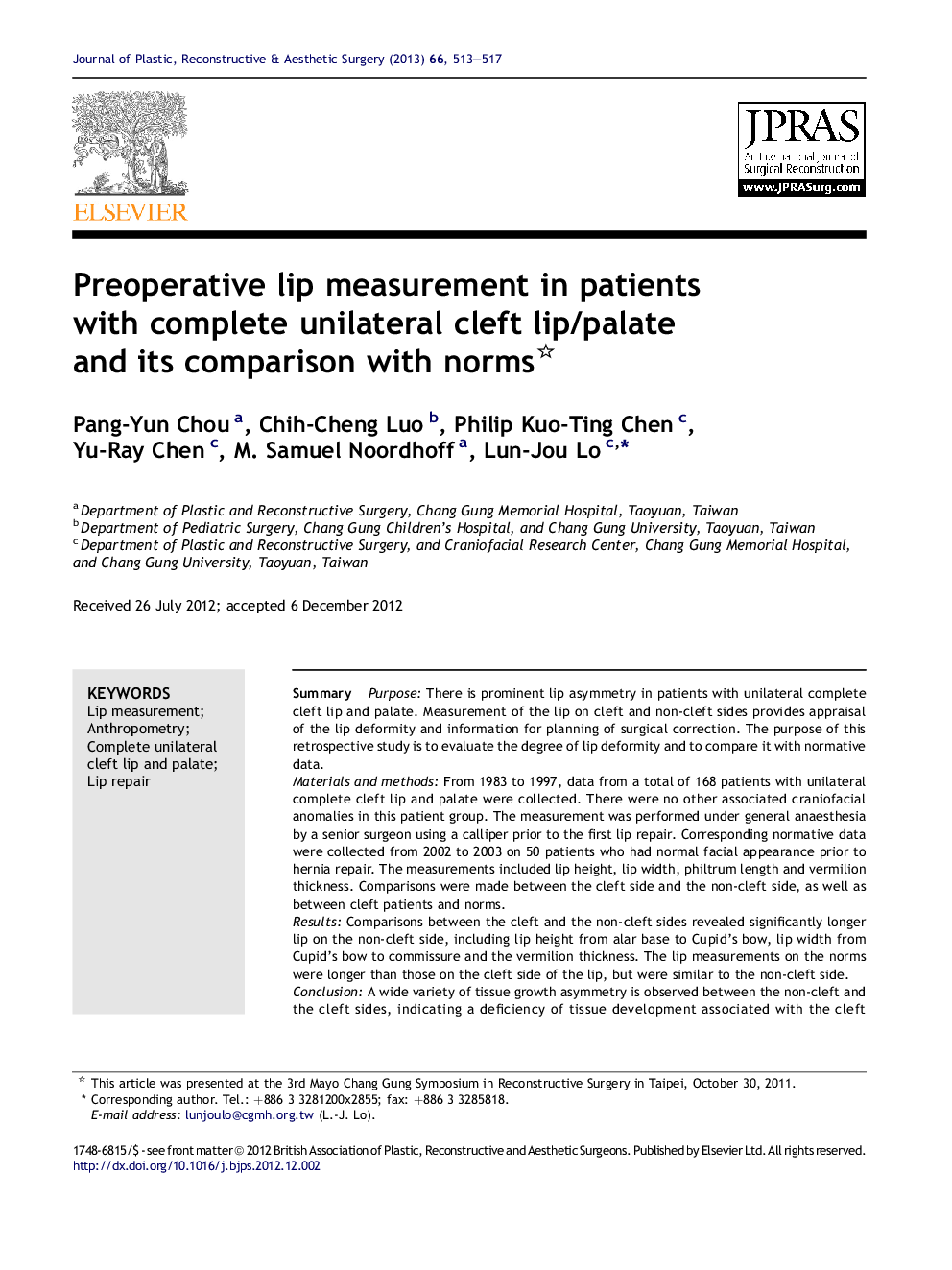 Preoperative lip measurement in patients with complete unilateral cleft lip/palate and its comparison with norms 