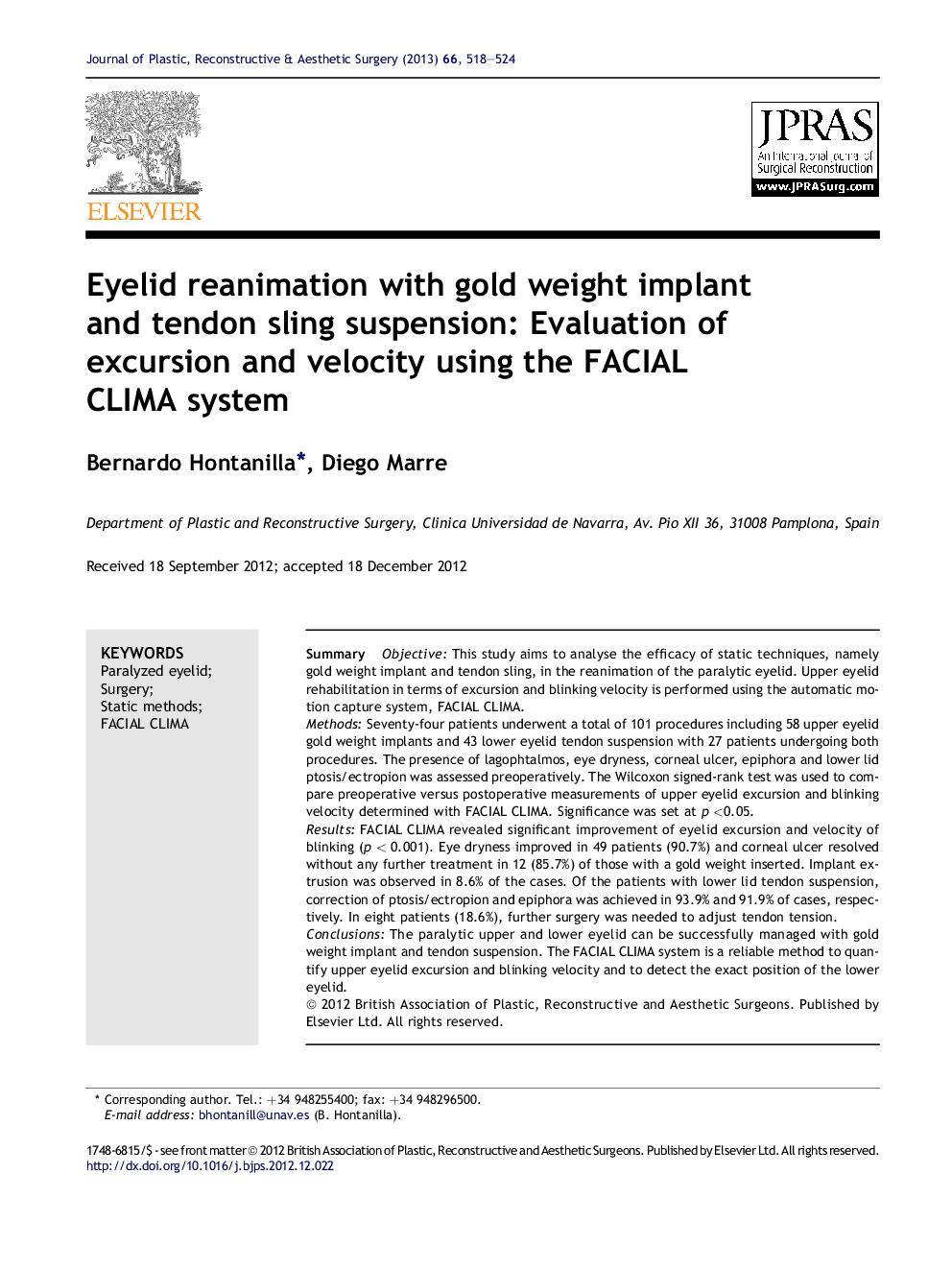 Eyelid reanimation with gold weight implant and tendon sling suspension: Evaluation of excursion and velocity using the FACIAL CLIMA system