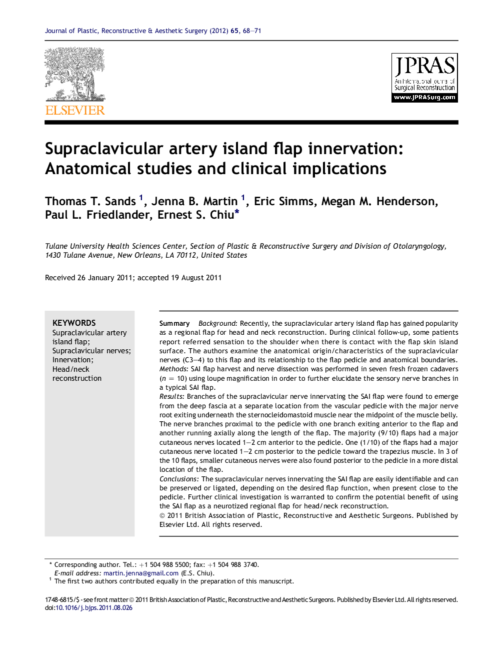 Supraclavicular artery island flap innervation: Anatomical studies and clinical implications