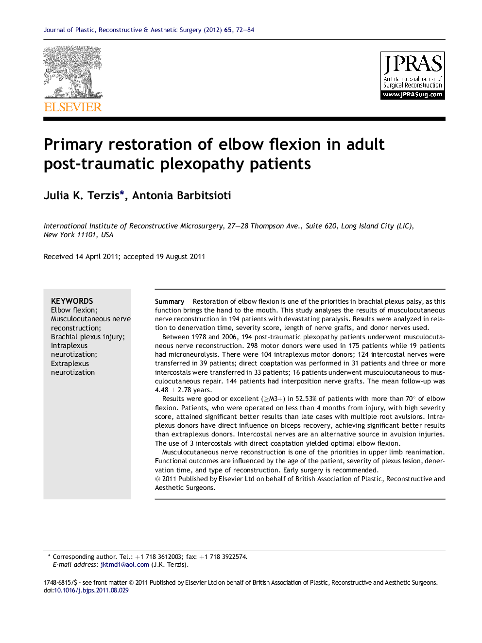 Primary restoration of elbow flexion in adult post-traumatic plexopathy patients