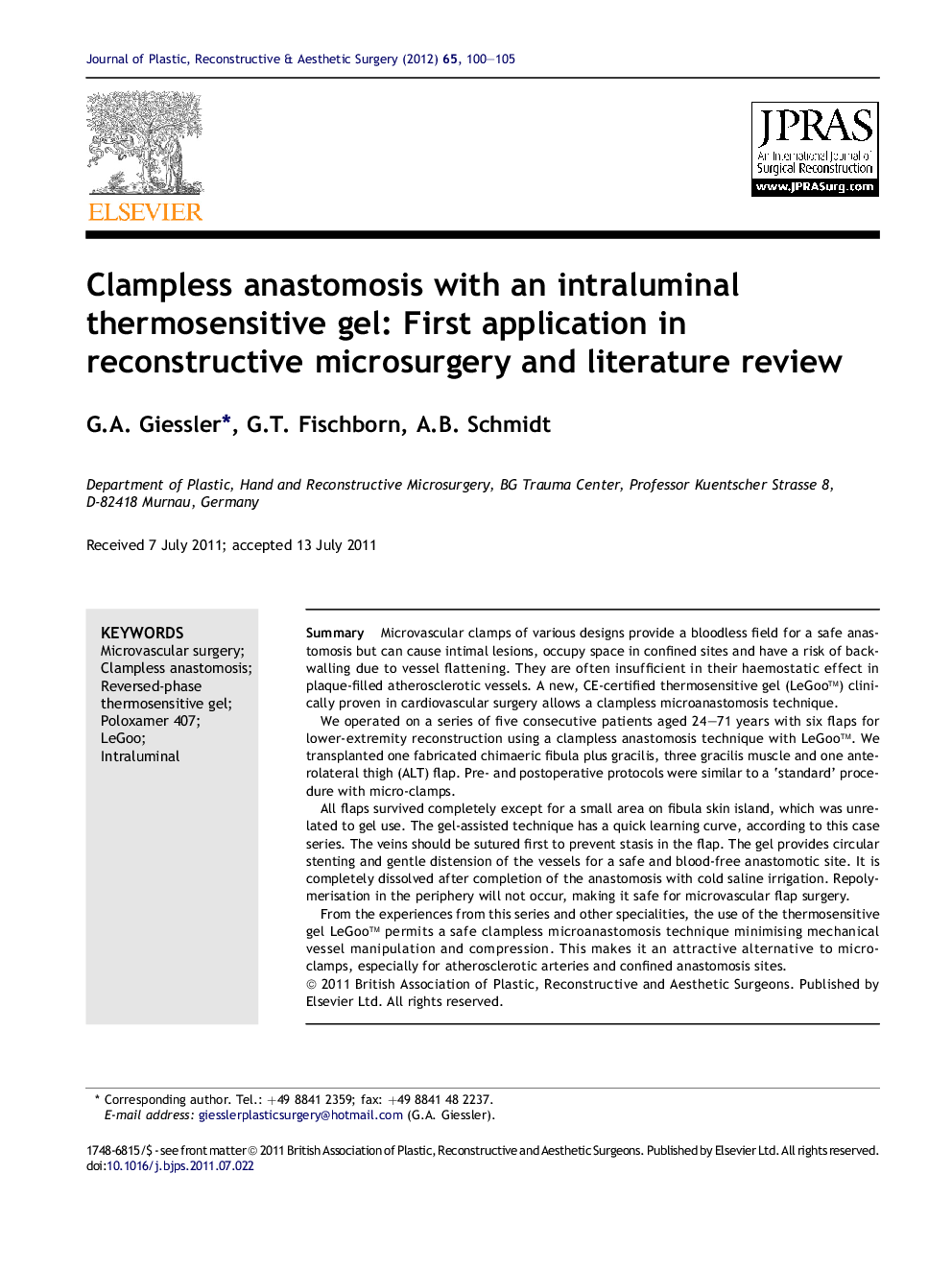 Clampless anastomosis with an intraluminal thermosensitive gel: First application in reconstructive microsurgery and literature review