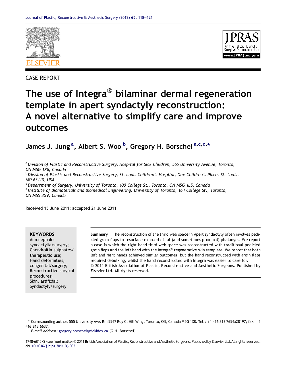 The use of Integra® bilaminar dermal regeneration template in apert syndactyly reconstruction: A novel alternative to simplify care and improve outcomes