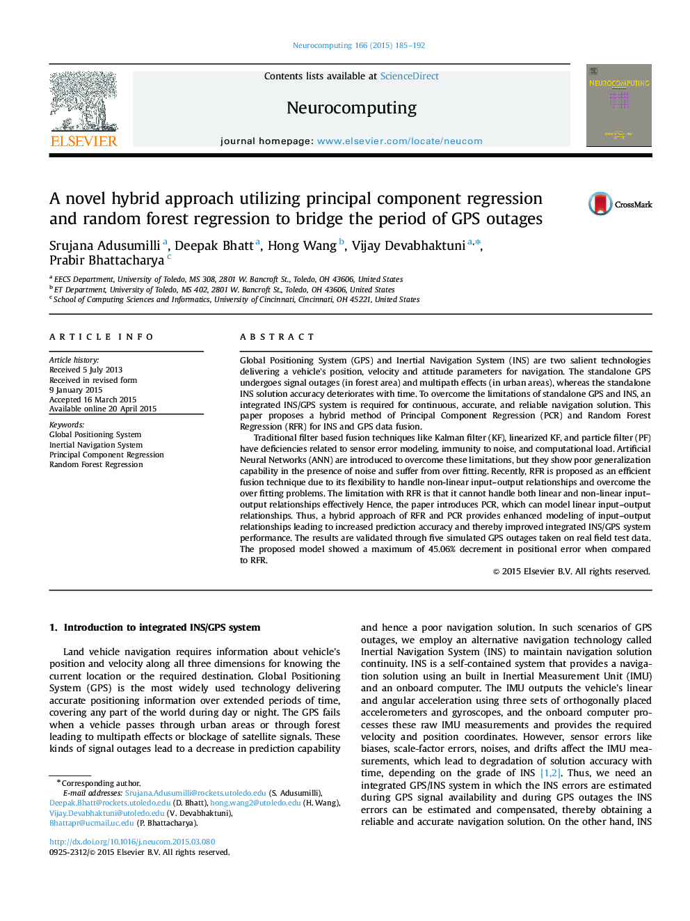 A novel hybrid approach utilizing principal component regression and random forest regression to bridge the period of GPS outages