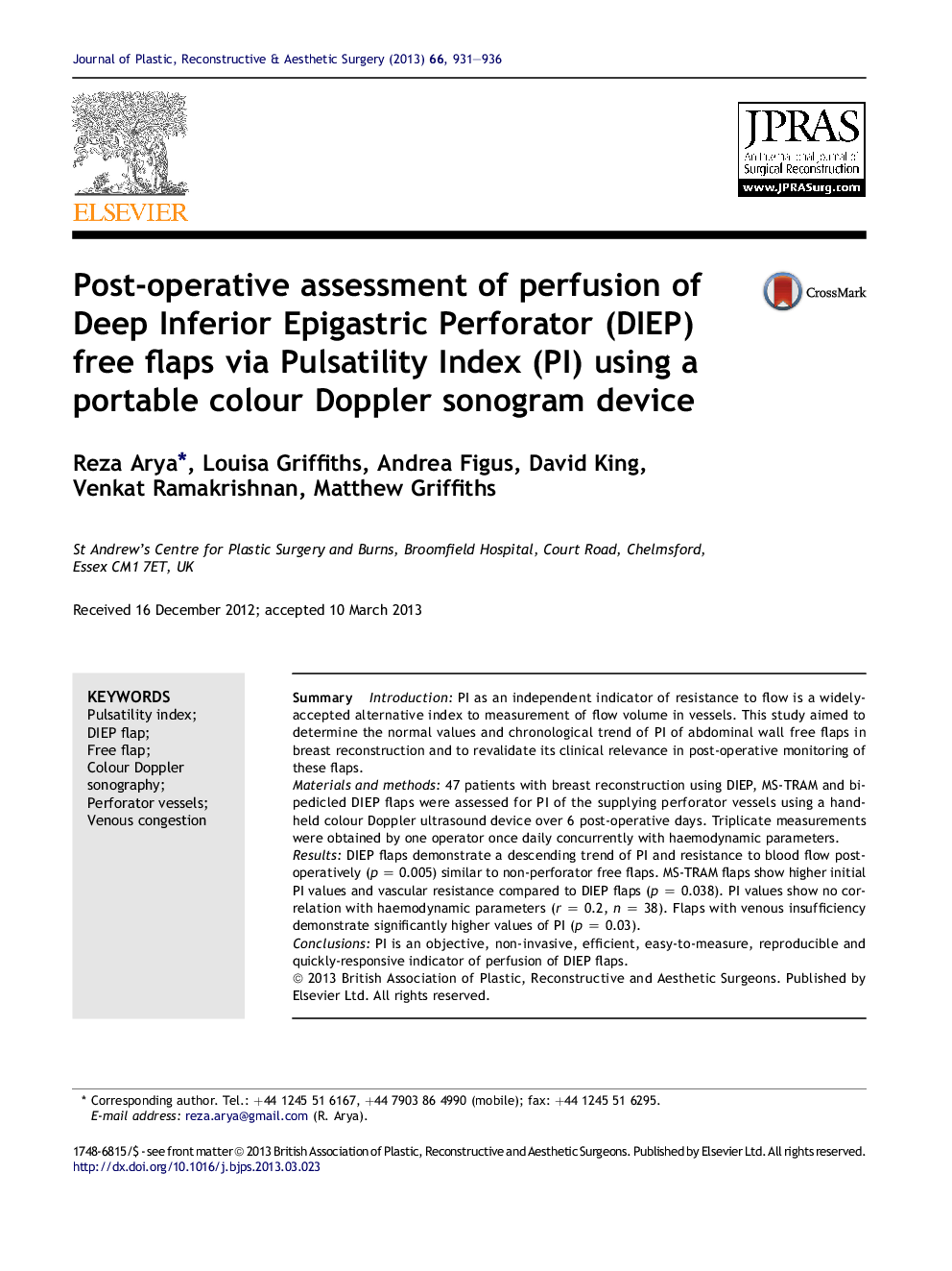 Post-operative assessment of perfusion of Deep Inferior Epigastric Perforator (DIEP) free flaps via Pulsatility Index (PI) using a portable colour Doppler sonogram device