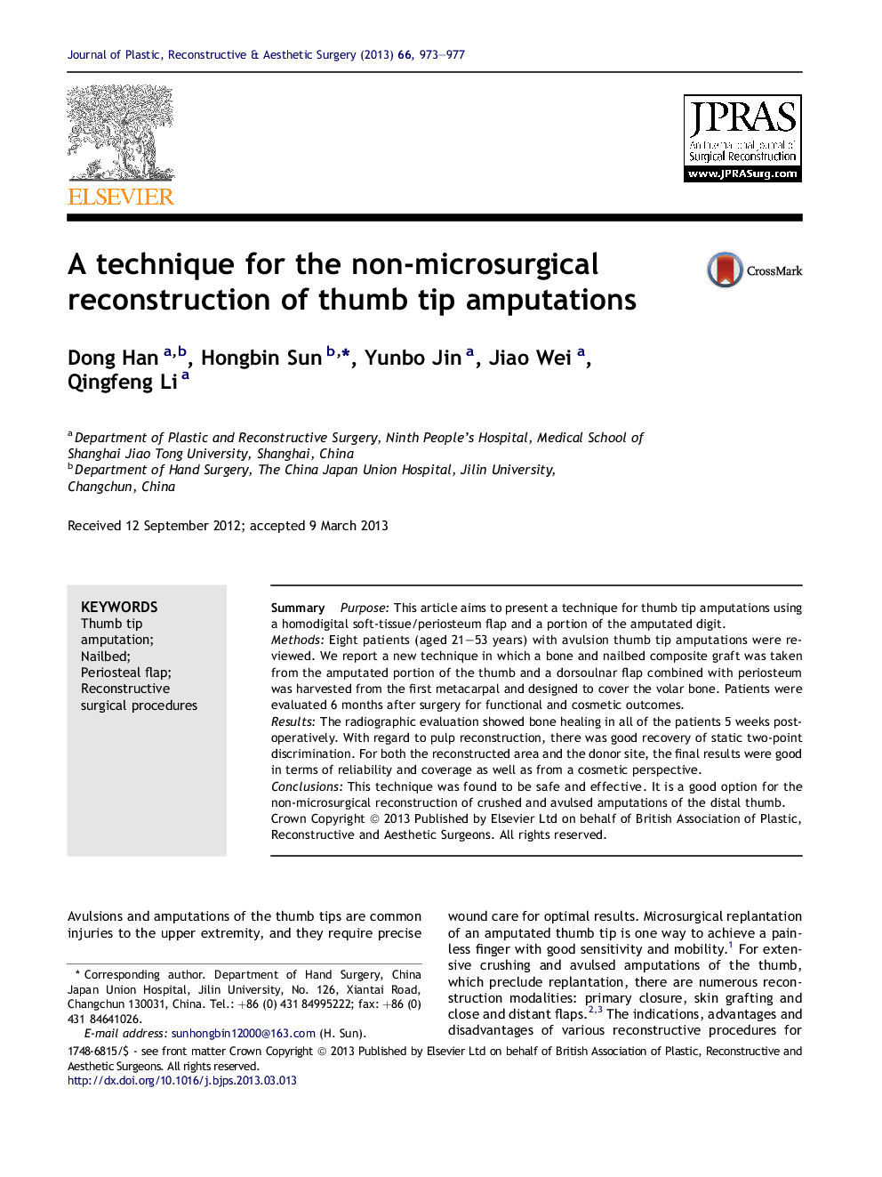 A technique for the non-microsurgical reconstruction of thumb tip amputations