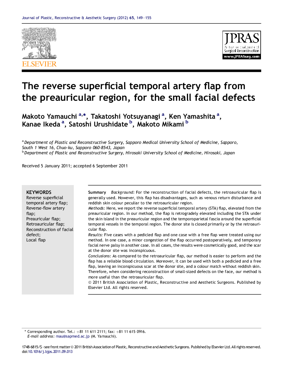 The reverse superficial temporal artery flap from the preauricular region, for the small facial defects