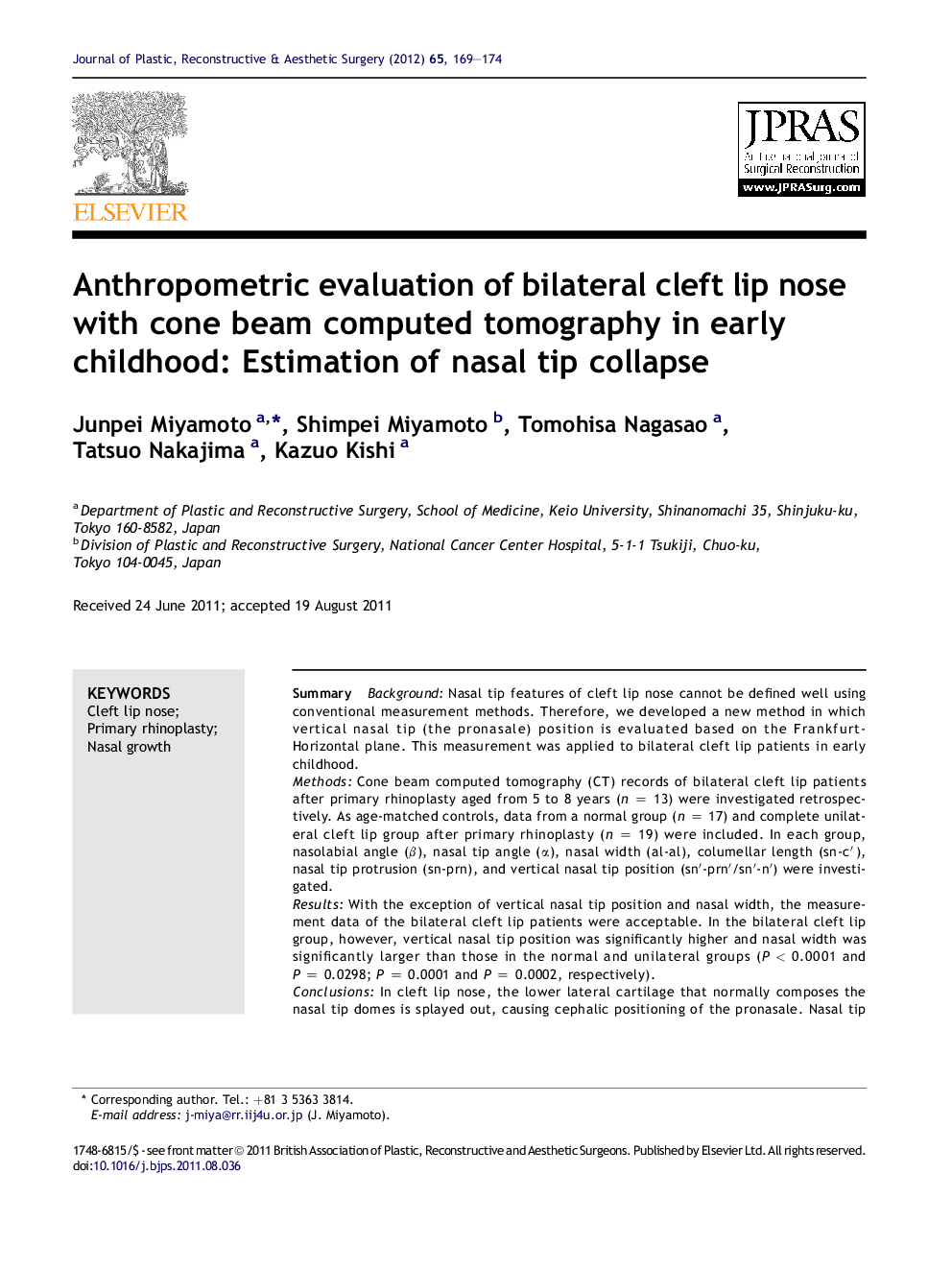 Anthropometric evaluation of bilateral cleft lip nose with cone beam computed tomography in early childhood: Estimation of nasal tip collapse