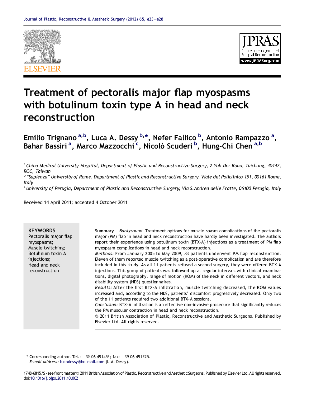 Treatment of pectoralis major flap myospasms with botulinum toxin type A in head and neck reconstruction