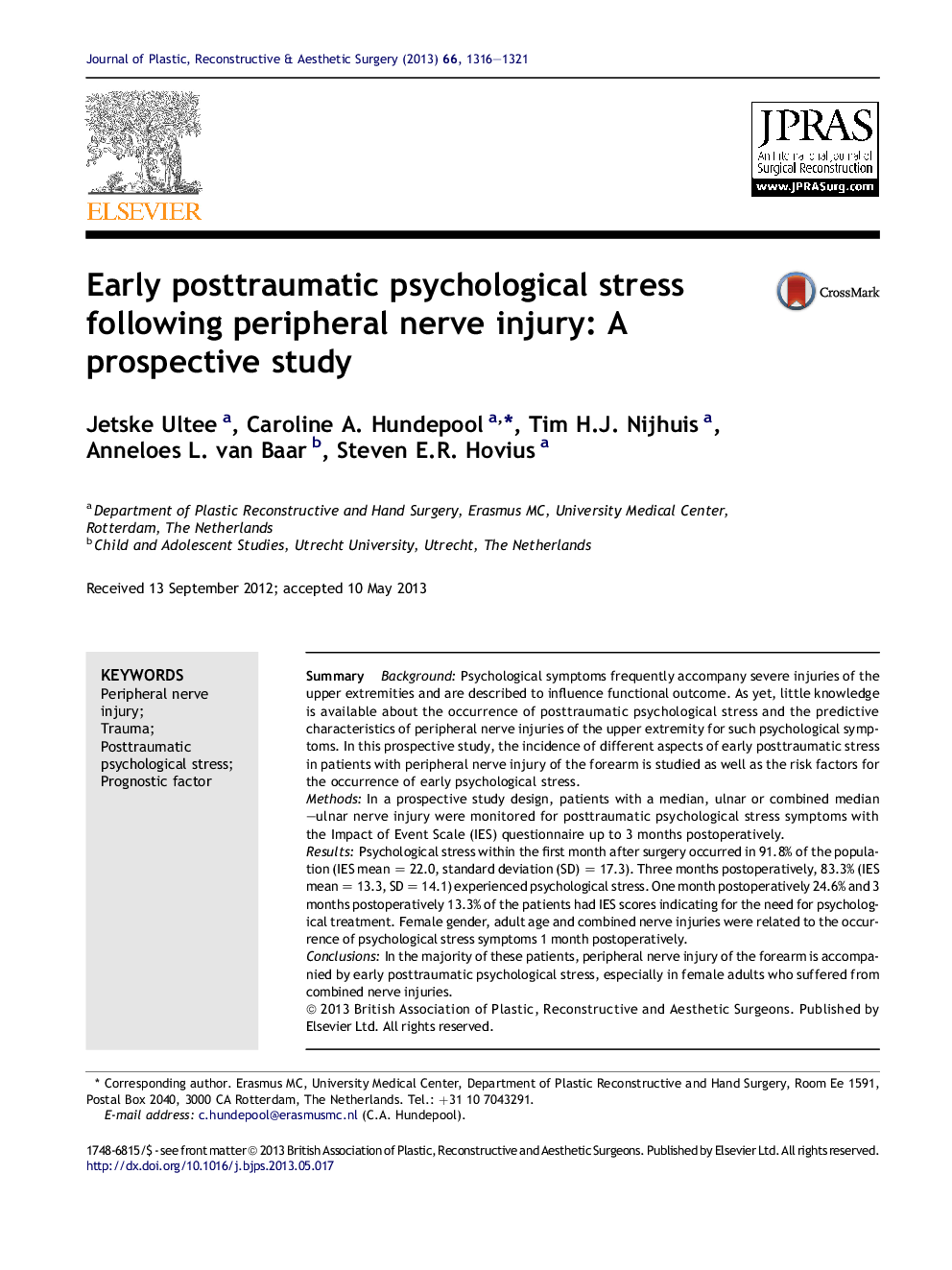 Early posttraumatic psychological stress following peripheral nerve injury: A prospective study