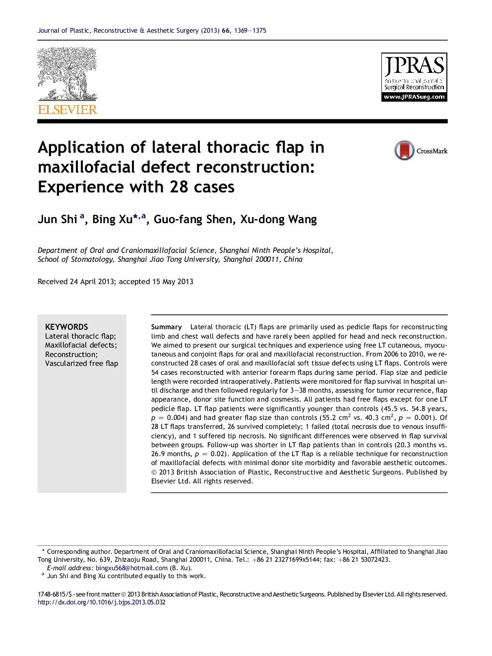 Application of lateral thoracic flap in maxillofacial defect reconstruction: Experience with 28 cases